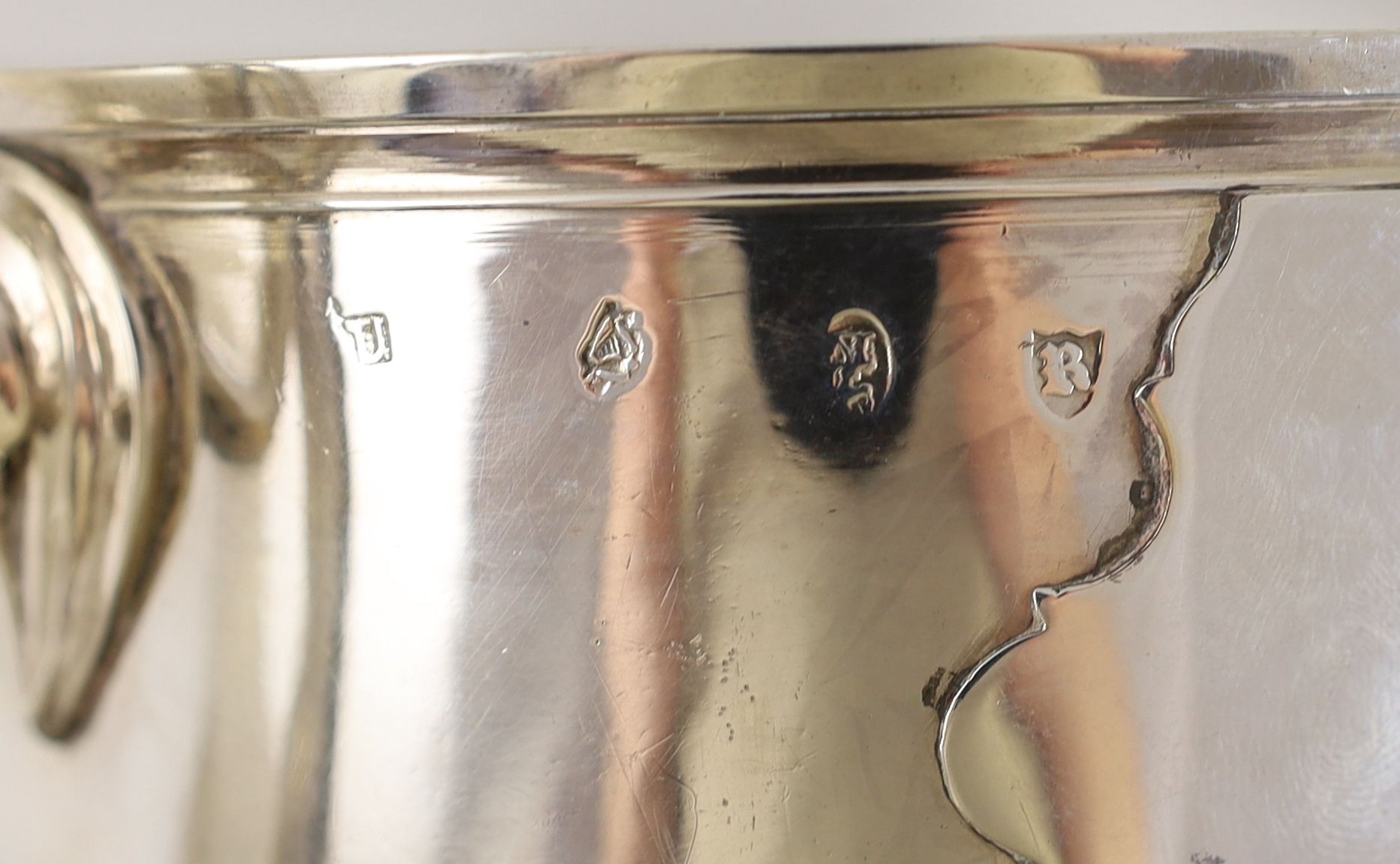 A George II Irish silver two handled presentation trophy cup, maker's mark rubbed